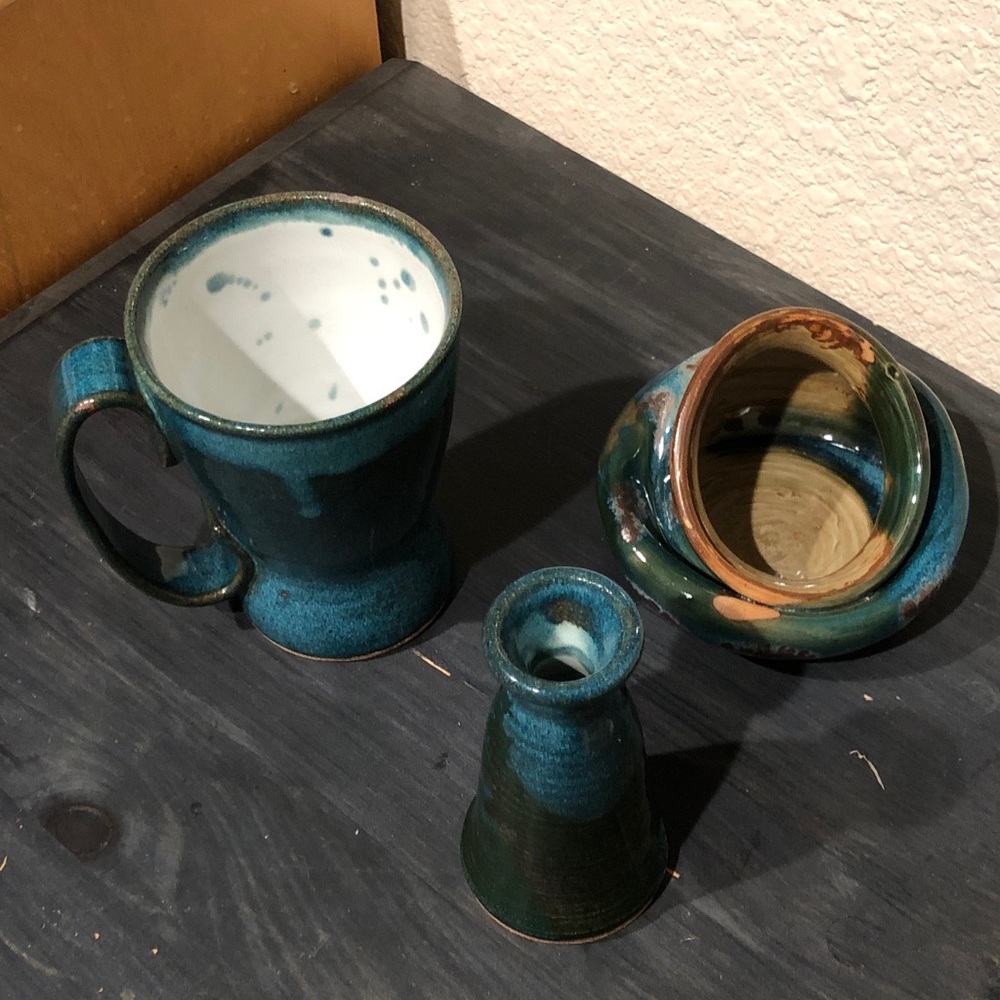 Handmade Teal Glazed Ceramic Mug & Small Pot Trio